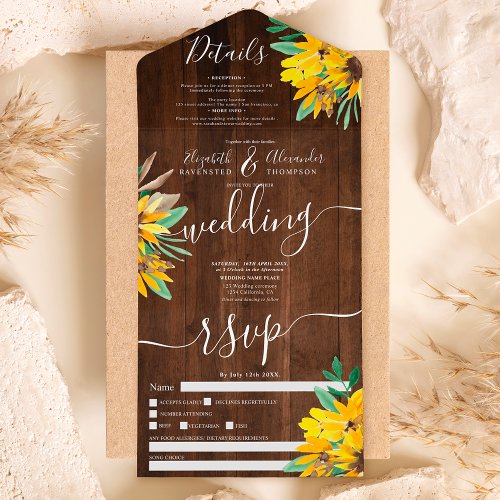 Rustic country sunflower wood script wedding all in one invitation