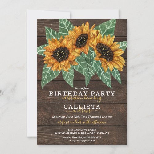 Rustic Country Sunflower Wood Watercolor Birthday Invitation