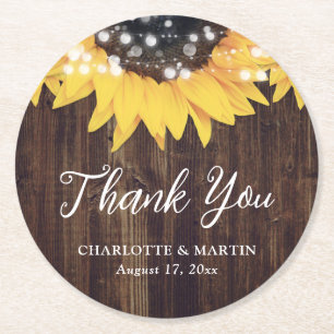 Rustic Country Sunflower Wood Wedding Round Paper Coaster