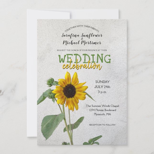 Rustic Country Sunflower / Yellow & Green Wedding Invitation (Front)