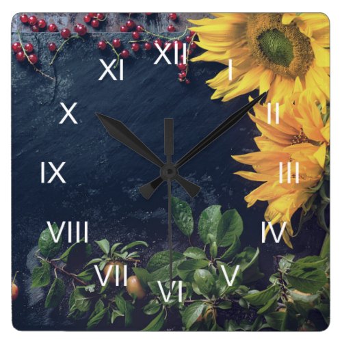 Rustic Country Sunflowers and Slate Roman Numerals Square Wall Clock