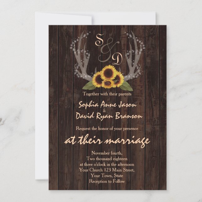 Rustic Country Sunflowers Antlers Wedding Invite (Front)
