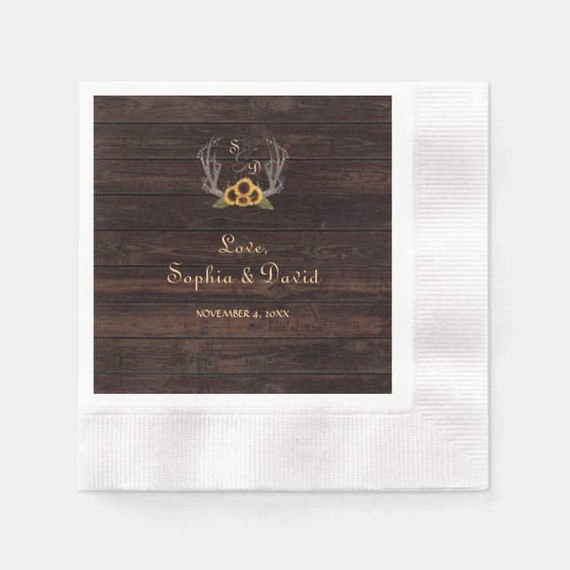Rustic Country Sunflowers Antlers Wedding Paper Napkins (Front)
