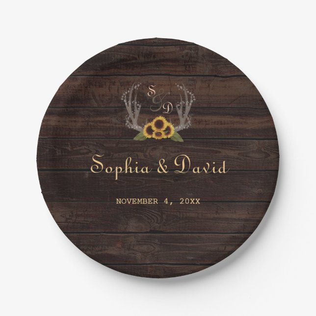 Rustic Country Sunflowers Antlers Wedding Paper Plates (Front)