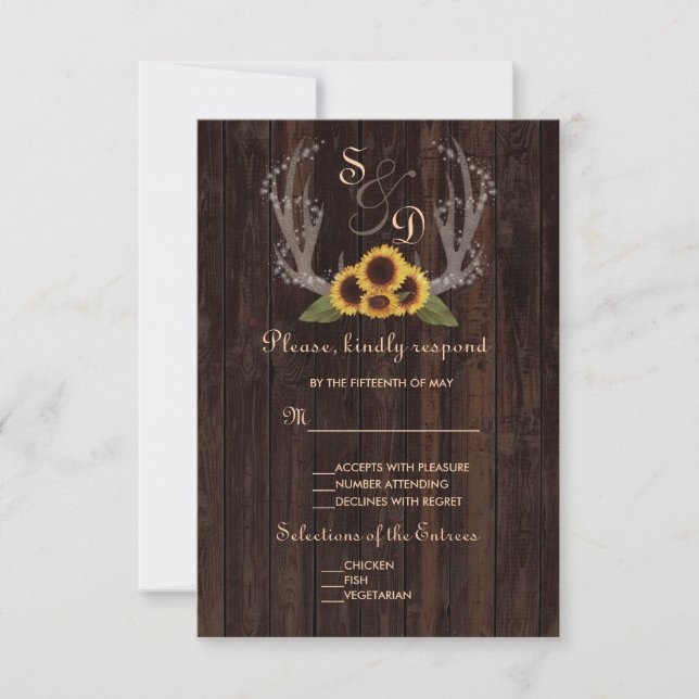 Rustic Country Sunflowers Antlers Wedding RSVP (Front)