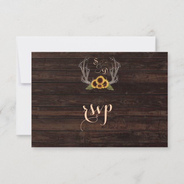 Rustic Country Sunflowers Antlers Wedding RSVP Card (Front)