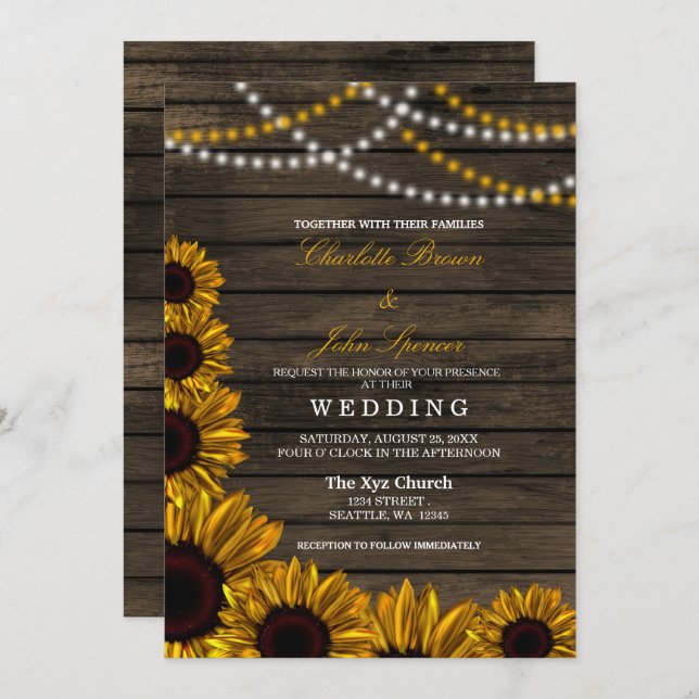 Rustic Country Sunflowers Barn Wood Wedding Invitation (Front/Back)