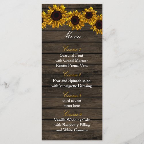 Rustic Country Sunflowers Barn Wood Wedding menu