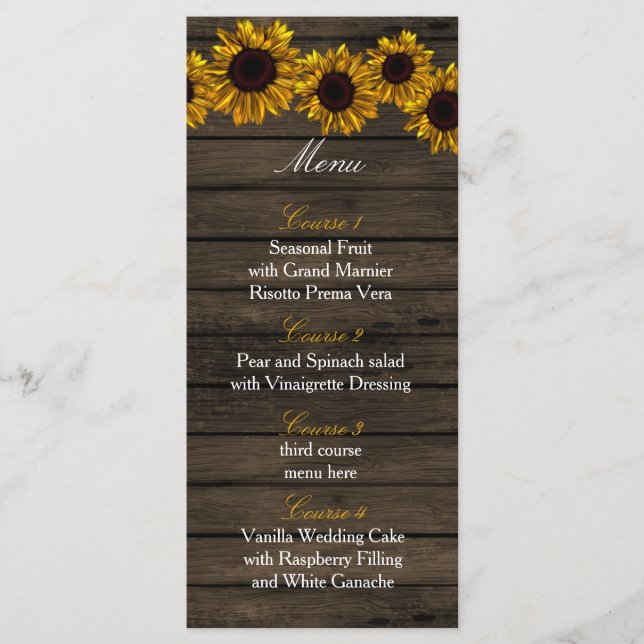 Rustic Country Sunflowers Barn Wood Wedding menu (Front)