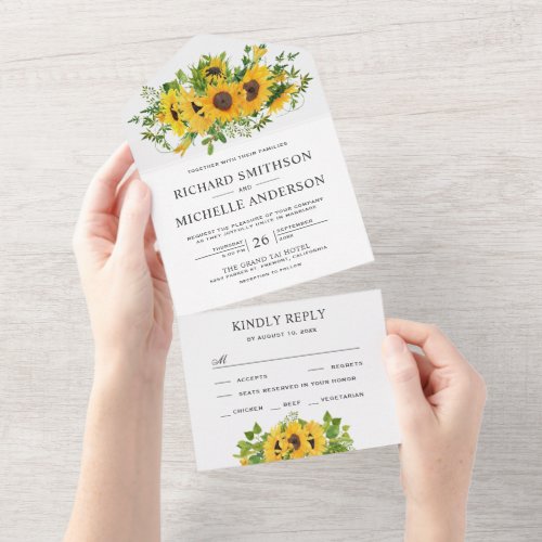 Rustic Country Sunflowers Bouquet Floral Wedding All In One Invitation