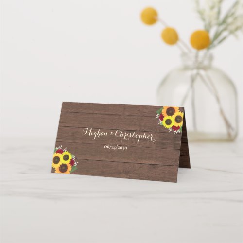 Rustic Country Sunflowers Burgundy Roses Wedding Place Card