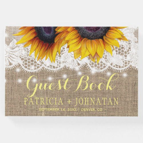 Rustic country sunflowers burlap and lace wedding guest book