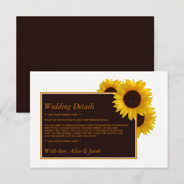 Rustic Country Sunflowers - Floral Wedding Detail Enclosure Card (Front/Back)