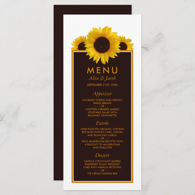 Rustic Country Sunflowers - Floral Wedding Menu (Front/Back)
