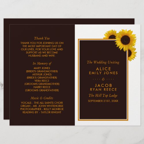 Rustic Country Sunflowers Floral Wedding Programme