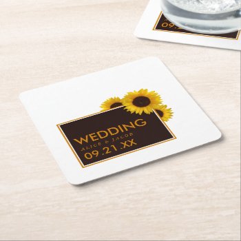 Rustic Country Sunflowers - Floral Wedding Square Paper Coaster by StampedyStamp at Zazzle