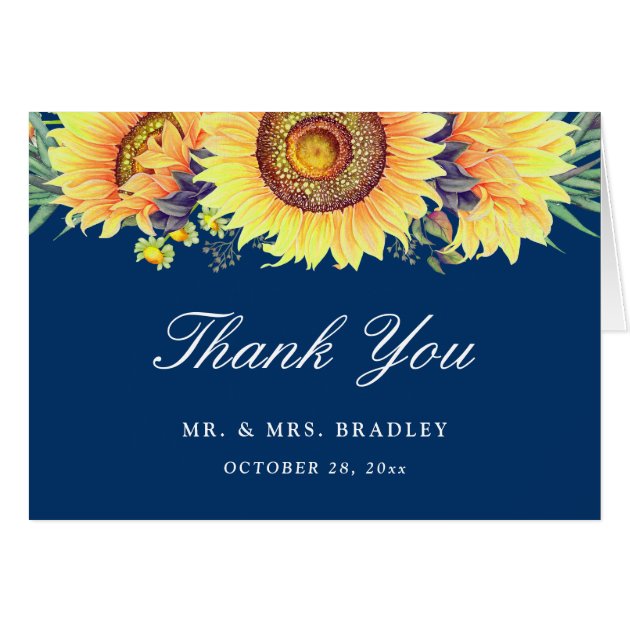Rustic Country Sunflowers Navy Blue Thank You Card