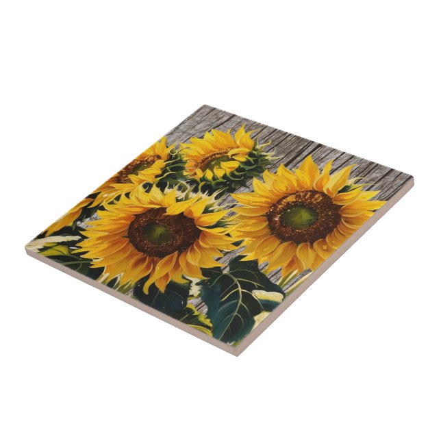 Rustic Country Sunflowers On Barnboard Print Ceramic Tile (Side)