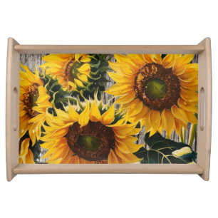 Rustic Country Sunflowers On Barnboard Print Serving Tray