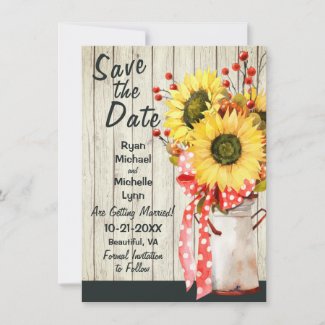 Rustic Country Sunflowers on Wood Fall Wedding Save The Date