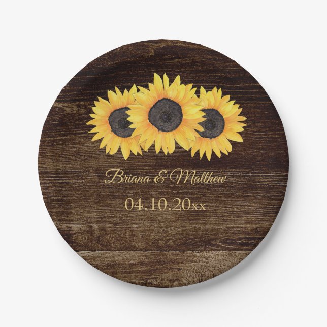 Rustic Country Sunflowers on Wood Paper Plate (Front)