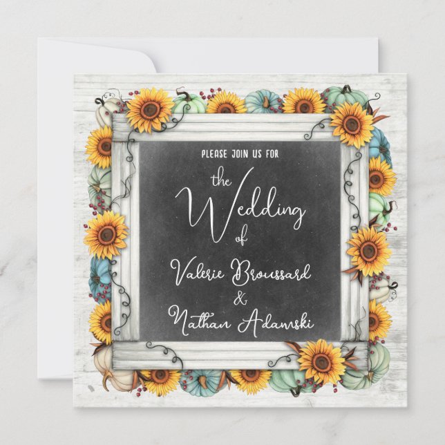 Rustic Country Sunflowers & Pumpkins Fall Wedding Invitation (Front)