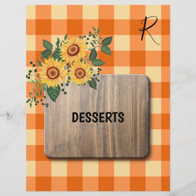 Rustic country sunflowers recipe organizer divider (Front)