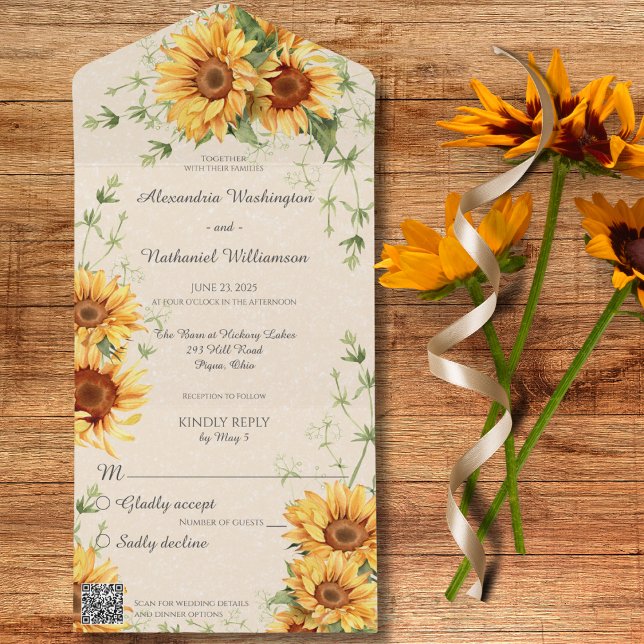 Rustic Country Sunflowers with QR Code  All In One Invitation (Creator Uploaded)