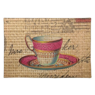 Rustic country tea party pink victorian teacup cloth placemat