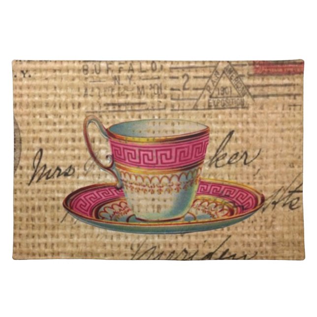 Rustic country tea party pink victorian teacup cloth placemat (Front)