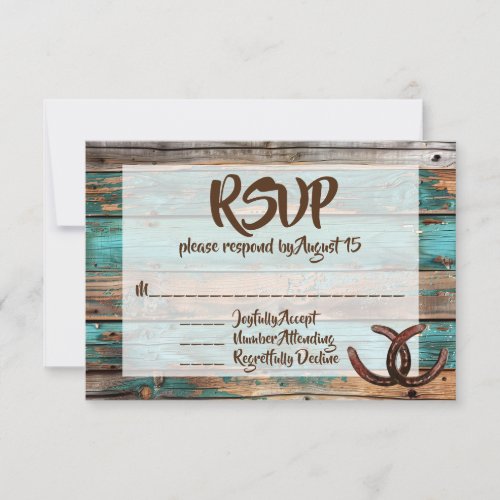 Rustic Country Teal Barn Wood Horseshoe RSVP Invitation