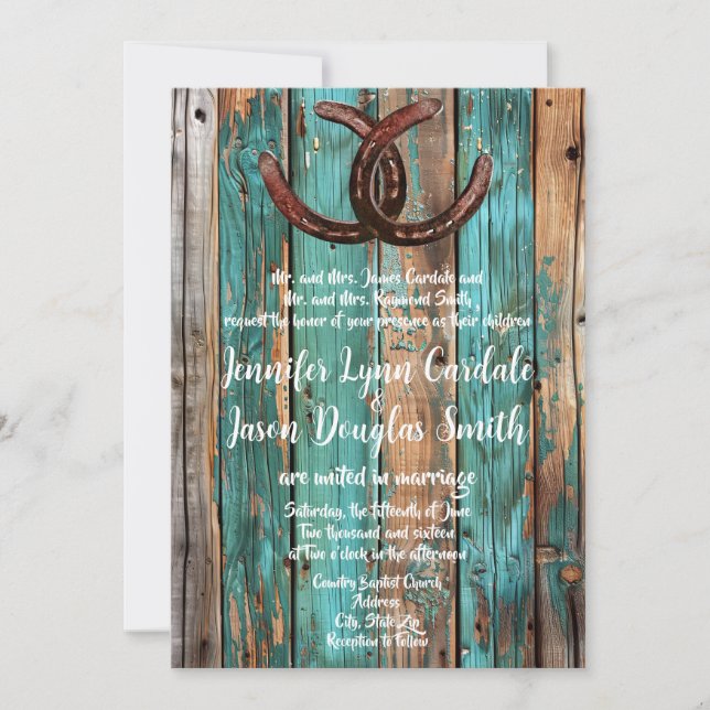 Rustic Country Teal Barn Wood Horseshoe Wedding  Invitation (Front)