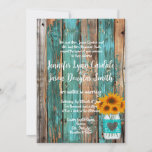 Rustic Country Teal Barn Wood Sunflower Mason Jar Invitation