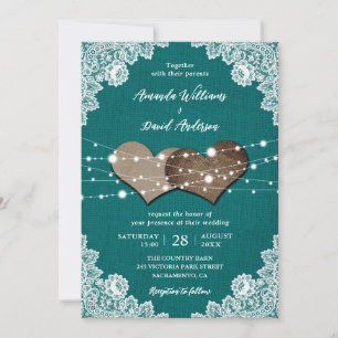 Rustic Country Teal Burlap Lace Wedding Invitation