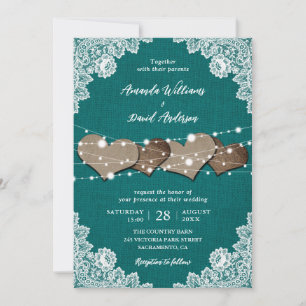 Rustic Country Teal Burlap Lace Wedding Invitation