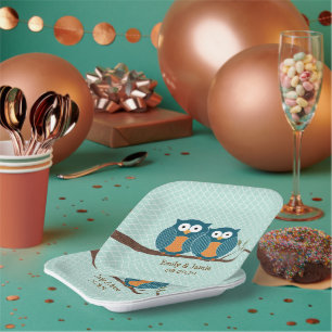 Rustic Country Teal Cute Owls Sitting in a Tree P Paper Plates