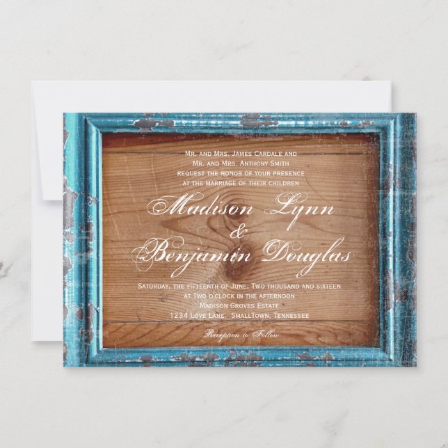 Rustic Country Teal Frame Wood Wedding Invitations (Front)