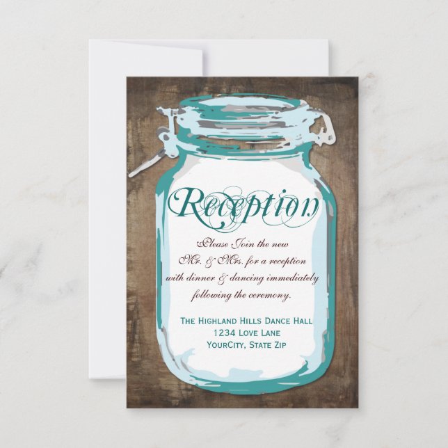 Rustic Country Teal Mason Jar Reception Cards (Front)