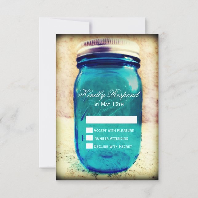 Rustic Country Teal Mason Jar Wedding RSVP Cards (Front)