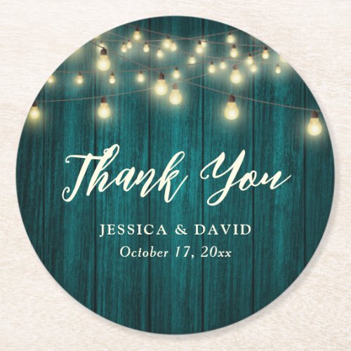 Rustic Country Teal Wedding Thank You Round Paper Coaster