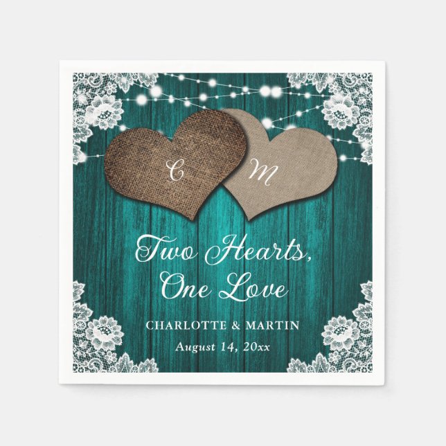 Rustic Country Teal Wood Burlap Lace Wedding Napkins (Front)