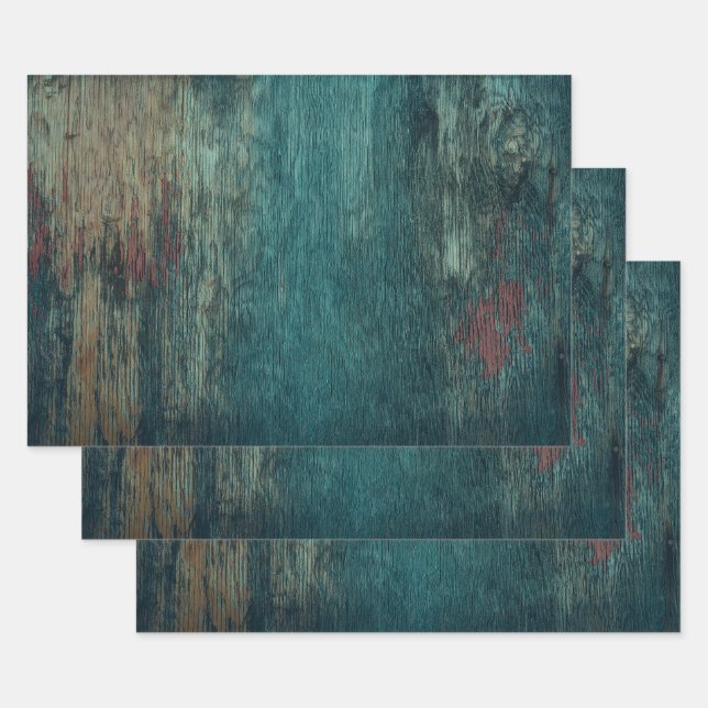 Rustic Country Teal Wood Grain Wrapping Paper Sheets (Set)
