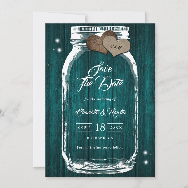 Rustic Country Teal Wood Hearts Mason Jar Wedding Save The Date (Front)