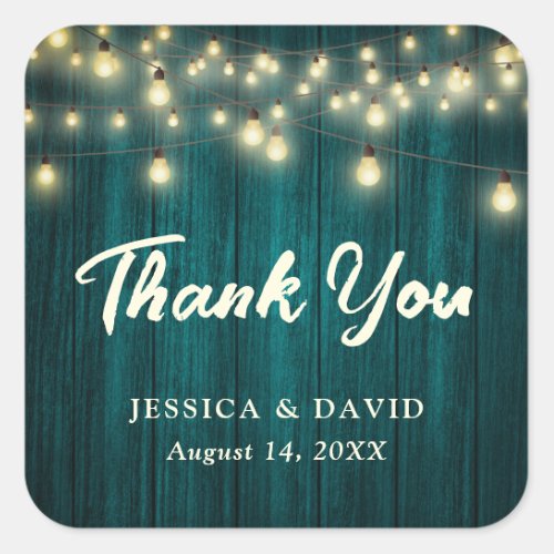 Rustic Country Teal Wood Lights Wedding Thank You Square Sticker