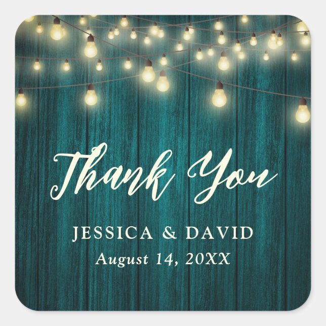 Rustic Country Teal Wood Lights Wedding Thank You Square Sticker (Front)
