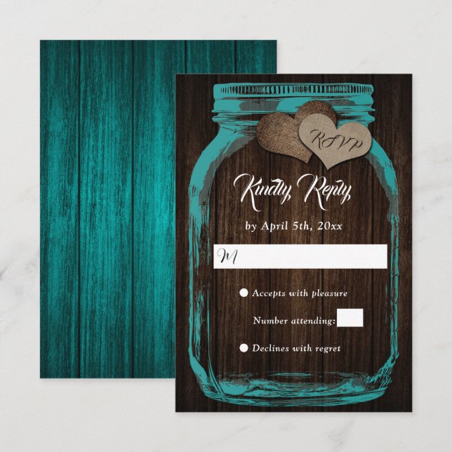Rustic Country Teal Wood Mason Jar Wedding RSVP (Front/Back)