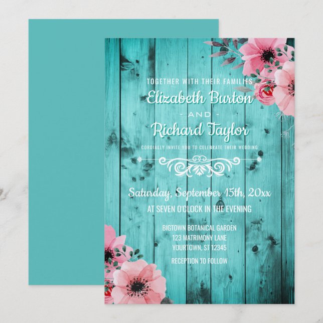 Rustic Country Teal Wood Pink Floral Boho Wedding Invitation (Front/Back)