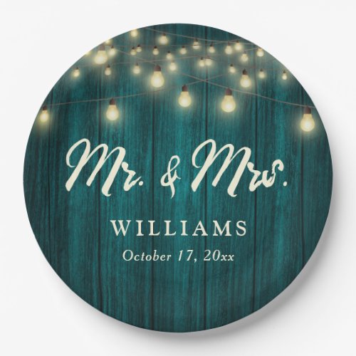 Rustic Country Teal Wood String Lights Wedding Paper Plates