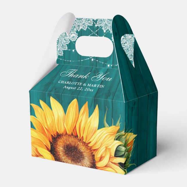 Rustic Country Teal Wood Sunflower Wedding Favor Boxes (Front Side)