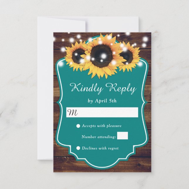 Rustic Country Teal Wood Sunflower Wedding RSVP Card (Front)